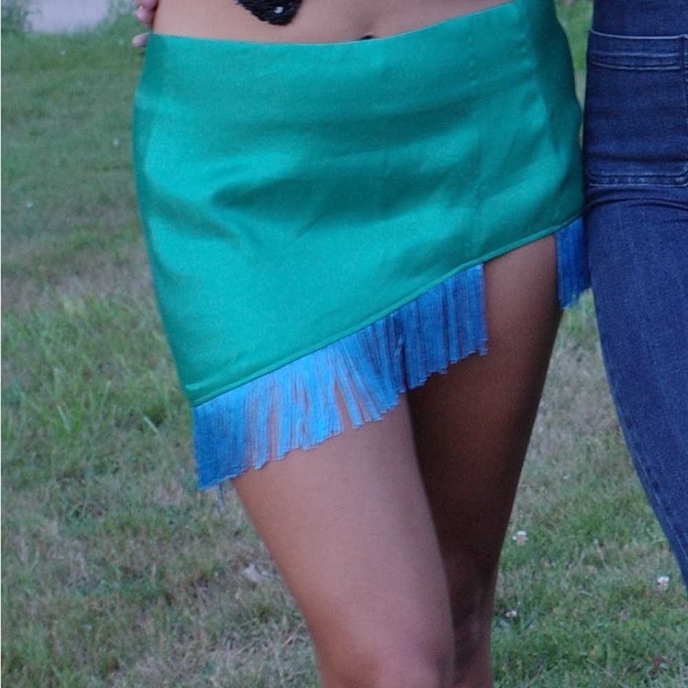 Asymmetrical Green Skirt with Blue Fringe